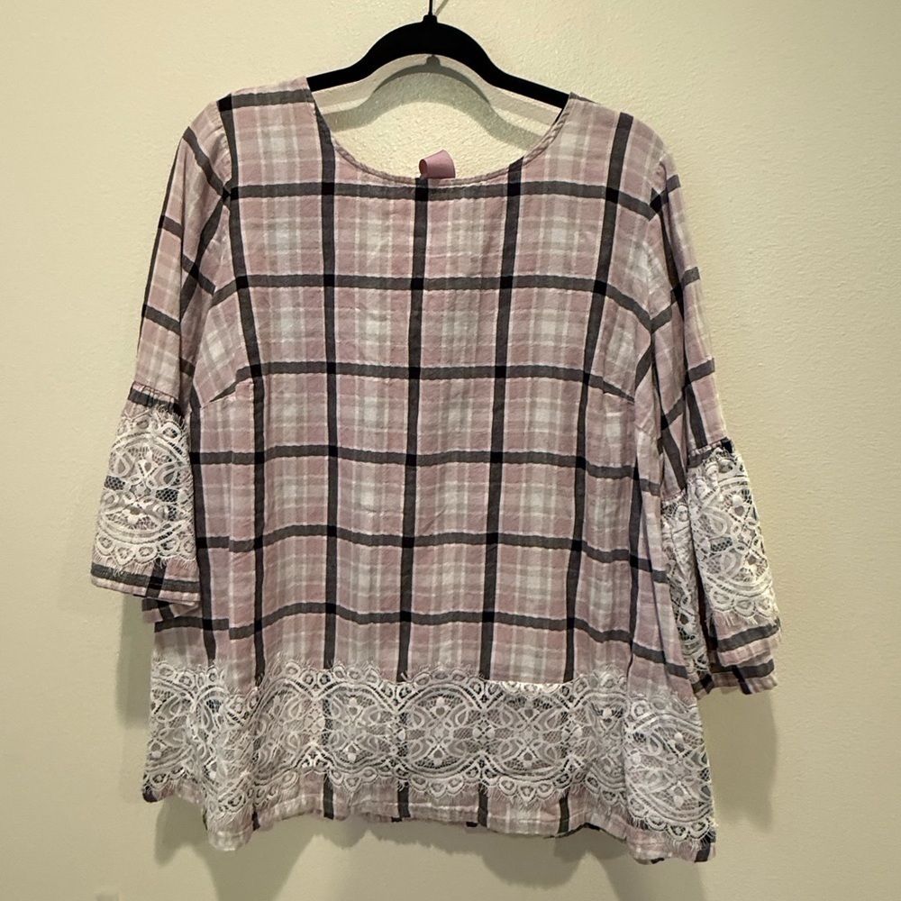 Lane Bryant Pink Plaid Blouse with Lace Accents